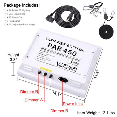 VIPARSPECTRA 450W LED Grow Light (PAR450) - 3 Dimmers 12-Band Full Spectrum